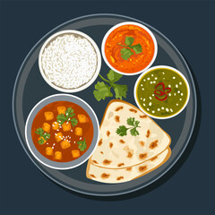 Indian food, Massaman curry, Green curry, Roti, Flat cartoon illustration