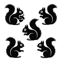 Five Black Silhouettes of Squirrels with Acron