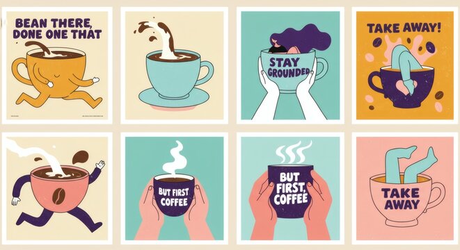 Coffee whimsy cups with legs run people relax inside and hands hold mugs with but first coffee quotes