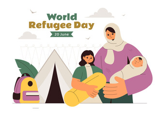 World Refugee Day Illustration featuring an Immigrant Family with Their Children in Search of a New Home, with Barbed Wire Fences and a Helping Hand