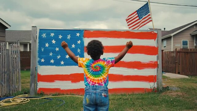 Boy Celebrates Patriotism in Front of American Flag Fence Art