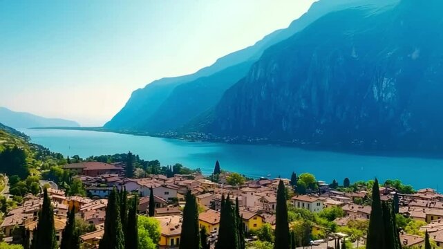 Breathtaking Aerial Panorama of Torbole and Lake Garda, Surrounded by Majestic Italian Mountains