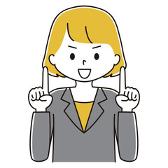 指差しするスーツ姿の女性のイラスト　笑顔　上