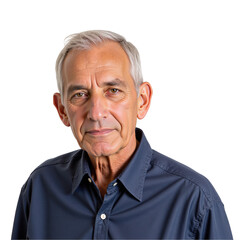 Obraz premium A Mature Caucasian Male with Gray Hair and Light Skin, Wearing a Dark Blue Button-Up Shirt, Posed Against a Black Background in a Close-Up Portrait