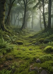 Obraz premium Deep green moss and ferns carpet forest floor , wild plants, lush, plants