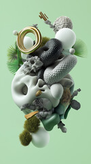 Abstract composition featuring organic shapes and metallic accents on a green background