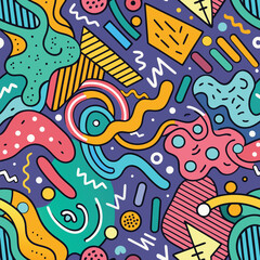 Groovy Abstract A whimsical chaos of shapes lines and colors dance against a retro purple backdrop