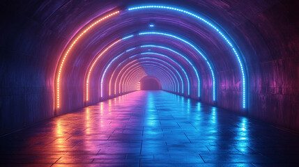 Neon tunnel with colorful lighting, arched walls, and tiled floor.