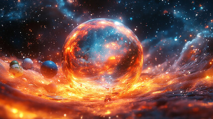 Fiery orb planet in a nebula landscape with cosmic bodies.