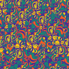 Psychedelic swirls of orange green and yellow dance on a purple background