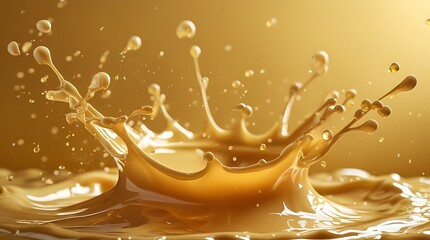 Golden liquid splash frozen in mid-air, forming a crown-like shape with droplets suspended, showcasing dynamic motion, luxury texture, and high-speed macro fluid art
