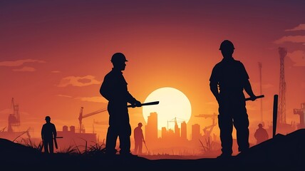 Construction Workers Silhouetted Against Sunset Cityscape