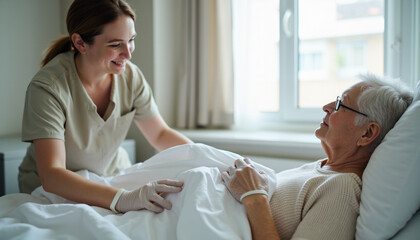 Fototapeta premium Nurse caring for elderly patient in bright hospital room 