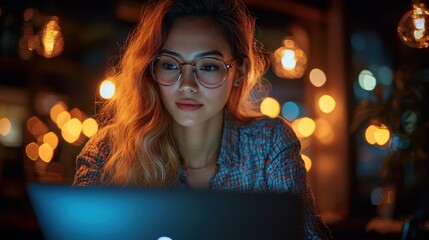 Young Woman Working Late at Night with Laptop in Cozy Environment