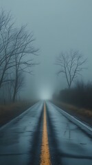 Obraz premium Lonely road stretching into heavy fog through a bare forest, with wet pavement and dramatic mood, symbolizing mystery, solitude, and autumn travel in rural landscapes 