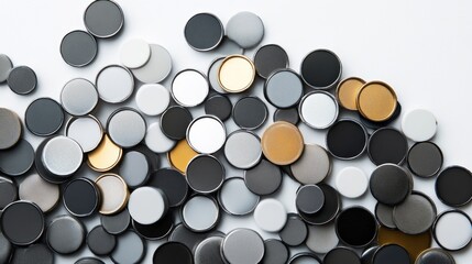 Assorted round buttons in various shades of gray, black, white, and gold