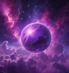 Obraz premium Ethereal orb amidst vibrant purple nebula clouds Cosmic scene , celestial, mystical, cosmos