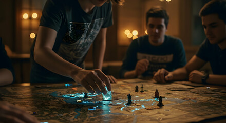 Friends playing a futuristic board game with glowing pieces in a dimly lit room late at night