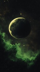 Obraz premium Exoplanet with luminous green nebula and distant starlight reflections