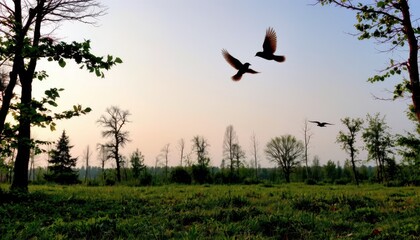 Birds in flight tranquil forest nature photography early morning scenic view peaceful atmosphere for relaxation