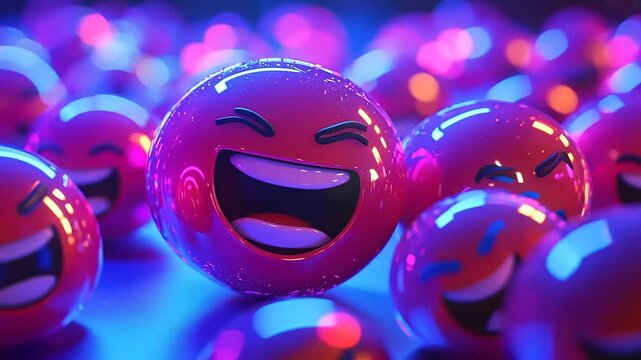 Colorful, glossy emoticon balls with smiling faces in a vibrant, illuminated setting