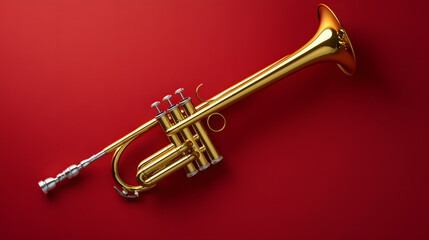 Obraz premium shiny brass trumpet with polished finish is isolated on deep red background