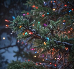 Frosty pine branches entwined with colorful Christmas lights , Christmas lights,  outdoors