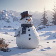 Obraz premium Frosty snowman amidst winter gear, barren snowy expanse, frigid, winter wonderland, image
