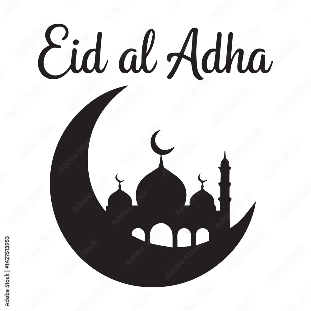 Fototapete silhouette design featuring a crescent moon with a mosque with typography text eid al adha.