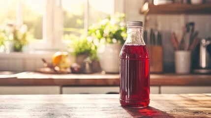 A bottle of cranberry juice on a kitchen counter
