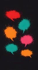 Colorful speech bubbles symbolize diverse marketing feedback and communication.Vibrant colorful speech bubbles, splatter paint effect, dark background, neon colors, red orange teal pink yellow