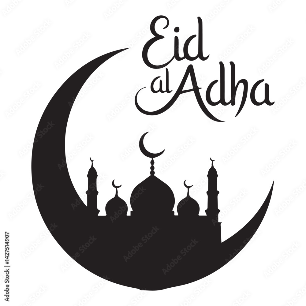 Fototapete silhouette design featuring a crescent moon with a mosque with typography text eid al adha.