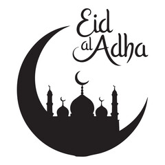 silhouette design featuring a crescent moon with a mosque with typography text Eid Al Adha.