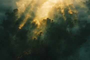 A view of sun rays shining through the dark clouds creating a dramatic and ethereal spectacle above