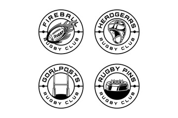 rugby fireball, ball, helmet, headgear, rugby tee pin, goalpost, goal outline modern illustration badge logo design set for american football and rugby player, sport, club, league and merchandise