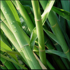Fototapeta premium Closeup of Fresh Sugarcane Stalks with Green Leaves