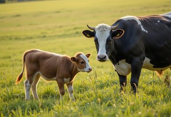 Mother Cow and Calf in Serene Pasture: A Pastoral Scene