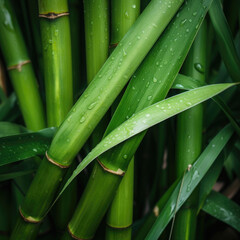 Obraz premium Closeup of Fresh Sugarcane Stalks with Green Leaves