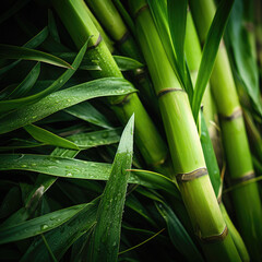 Fototapeta premium Closeup of Fresh Sugarcane Stalks with Green Leaves