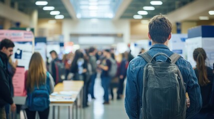 A school job fair with booths offering internships and first-time jobs