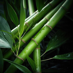 Fototapeta premium Closeup of Fresh Sugarcane Stalks with Green Leaves