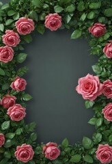 Fototapeta premium Isolated rose flower, lush green leaves frame, copy space , decoration, card, nature