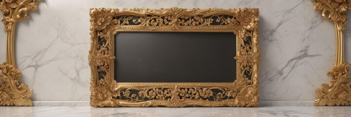 Intricate gold floral frame on polished marble  Luxury, elegant backdrop ,  decorative,  home decor,  texture