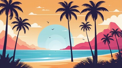 Obraz premium Modern beach, simple vectors, bright colors, modern strokes, vector style, horizontal, label background, palm trees