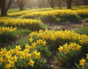 Obraz premium Lush field awash in vibrant yellow daffodils, sunny spring day , optimism, landscape, beauty