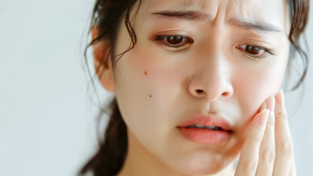 つらい肌悩みと歯の痛みに憂鬱な表情の日本人女性 （スキンケア・体調不良・ストレス）
