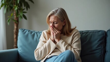 Senior beautiful woman sitting sick on sofa at home. He coughs, covers his mouth with his hand, holds his chest. Feels pain, suffers from asthma, allergies, flu, cold.