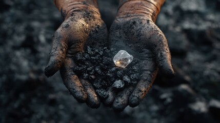 Obraz premium Close-Up of Miner’s Coal-Dusted Hands Holding Shining Mineral Sample with Blurred Industrial Background