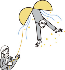 くす玉を割る笑顔の女性会社員と紙吹雪を撒いて喜ぶ男性会社員のシンプルな上半身のイラスト素材