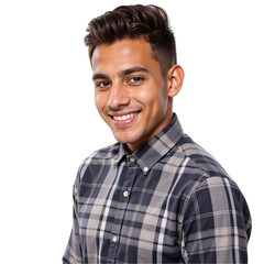 Smiling young South Asian man in plaid shirt posing against a black background, showcasing his confident expression and stylish appearance.